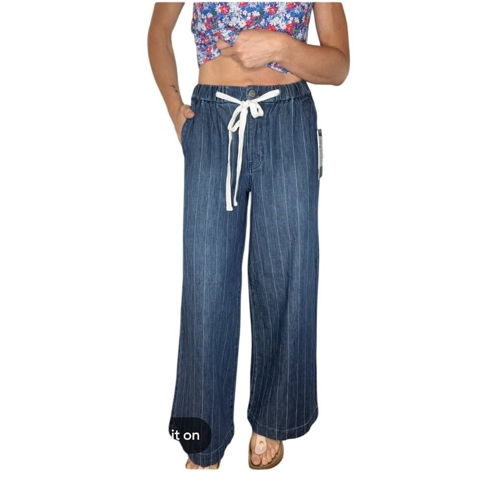 Risen Jeans Los Angeles Pinstripe Wide Leg Denim Pants Indigo Blue Womens Large - Picture 1 of 13